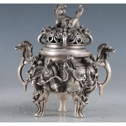 China antiques QIANLONG Copper Silvering Eight Immortals kylin Incense Burner