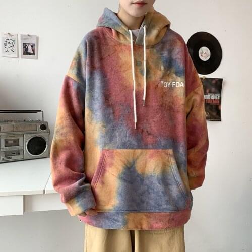 Korean Fashions Sweatshirts Men Tie Dye Streetwear Hooded Hoodies 2021 Pullover Autumn Oversized Hoodies Male Pocket