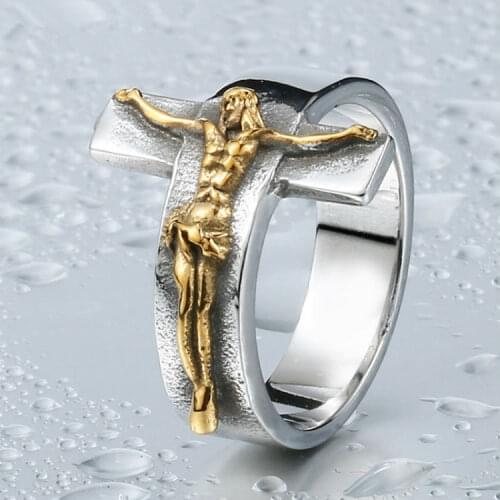 Mens Fashion Gold Cross Jesus Ring Mens Religious Ring Motorcycle Party Steampunk Jewelry Accessory Holiday Gifts Size Us7-13