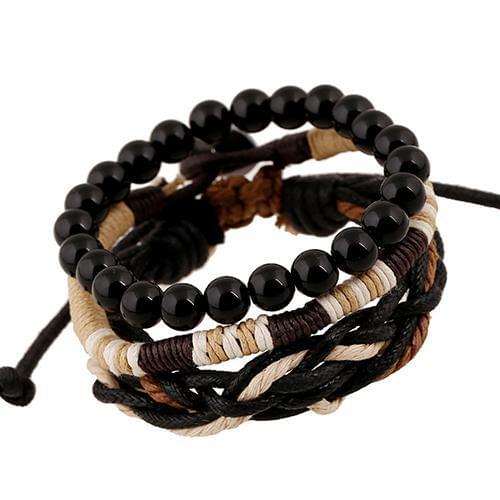 Mens 3 Pcs Punk Style Wood Beads Knitted Leather Bangle Wax Rope Cuff Bracelets bracelet bangle wristlet wristband circlet 2020