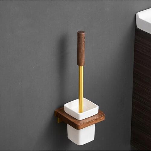 Nordic Style Wall-mounted Ceramic Toilet Brush and Holder Set with Walnut Bathroom Accessories