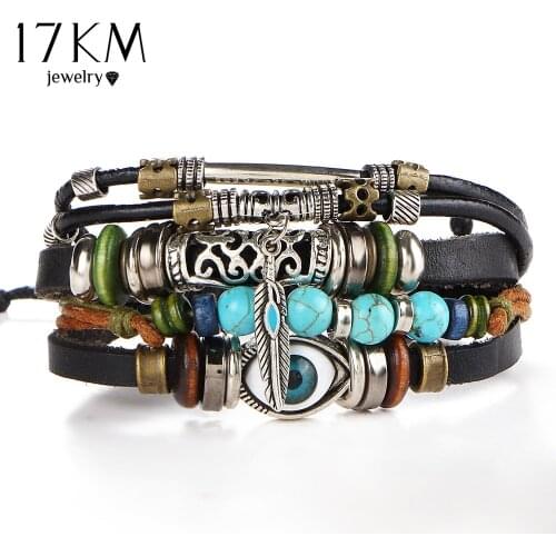 Punk Design Turkish Eye Bracelets For Men Woman New Fashion Wristband Female Owl Leather Bracelet Stone Vintage Jewelry
