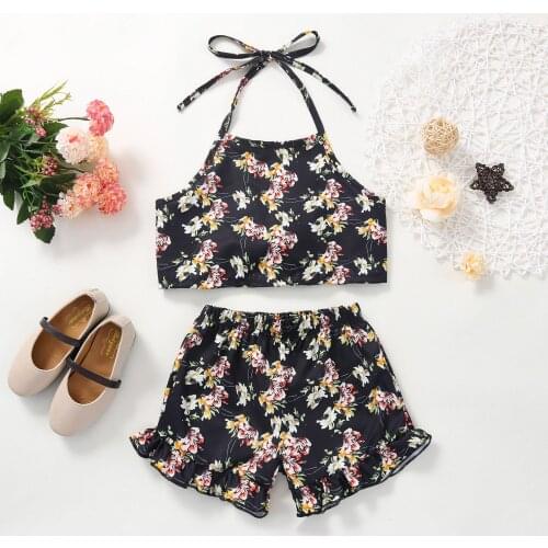 1-4T Girls Summer Comfortable Two-Piece Fashion Flower Halter Nine-Point Floral Camisole And Elastic Shorts Little Girl Set