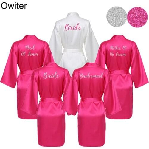 Owiter 2019 Silk Satin Bridesmaid Sexy Robes Bridal Bath Robe Hot Pink Robes Wedding Silver Matte Printing White Bathrobe Short