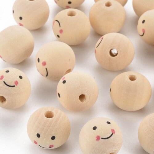 Pandahall 20pcs Handmade Smiley Face Natural Wood Beads Smiling Face Round Ball Wooden Loose Spacer Beads for Jewelry Making DIY