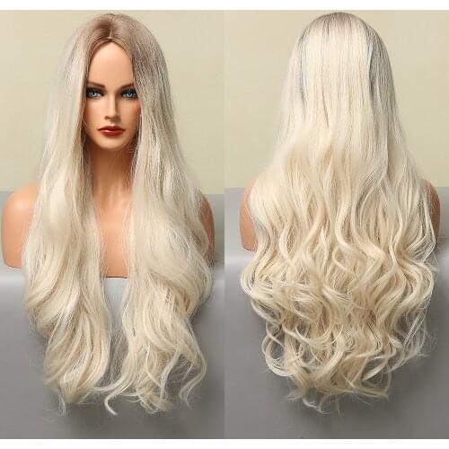 Ombre Brown Blonde Synthetic Wigs Middle Part Long Natural Wavy Wigs for Black White Women Cosplay Daily Party Heat Resistant