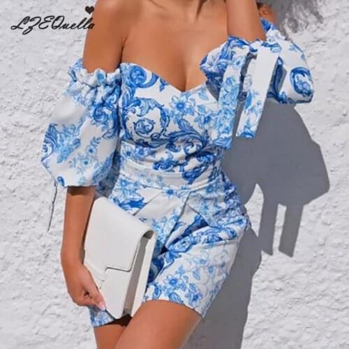 LZEQuella Sexy Off Shoulder Floral Print Dress Women Ruffles Sleeve Bodycon Short Dresses Elegant Female Backless Party Vestidos