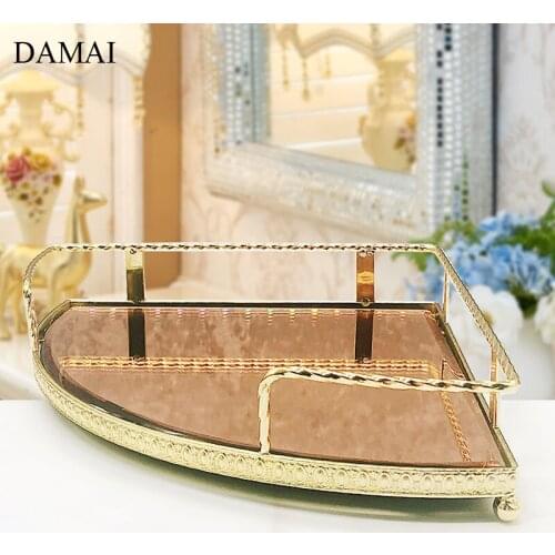 Nordic Gold Inlay Makeup Organizer Plating Craft Thread Handle Jewelry Glass Trays Decorative Bathroom Cosmetic Display Plates