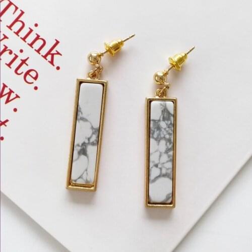 Light Yellow Gold Color Rectangle Shape White Howlite Stone Stud Earrings for Women Malachite Charm Jewelry