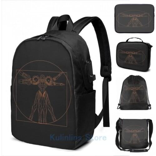 Funny Graphic print Vitruvian Samus Metroid Da Vinci Sketch Orange Print USB Charge Backpack men School Travel laptop bag