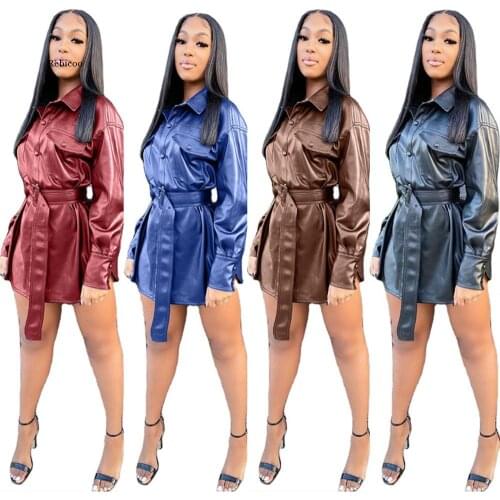 Solid Pu Faux Leather Moto Biker Slim Fit Jacket Fall Winter Clothes for Women Streetwear Turn Down Collar Long Sleeve Sash Coat