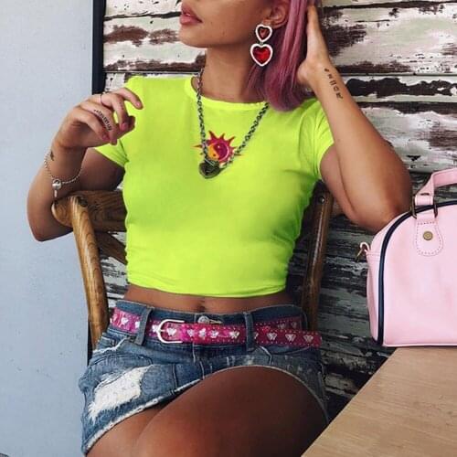 2020 woman tshirts Green Summer T shirt Short Sleeve Sun Embroidery Crop Tops Neon tops for women ropa mujer Streetwear Tops