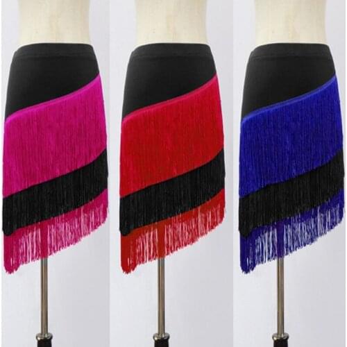 Women Ladies Latin Fringe Ballroom Dance Skirt Tango Salsa Rumba Tassel Dancewear Skirt Two Tone Multicolor Skirt 903-B259