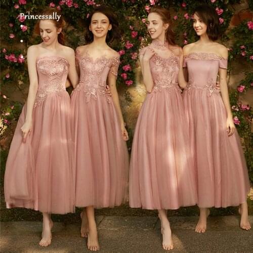 Robe De Soriee New Dusty Rose Bridesmaid Dress LaceTea Length Embroidery Elegant Simple Vintage Formal Wedding Party Prom Gown