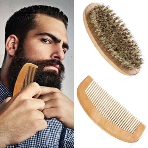 2Pcs/lot Mens Boar Bristle Beard Brush and Comb, Wooden Beard Care Comb Kit Grooming Kit Cleaner Cleaning Tools