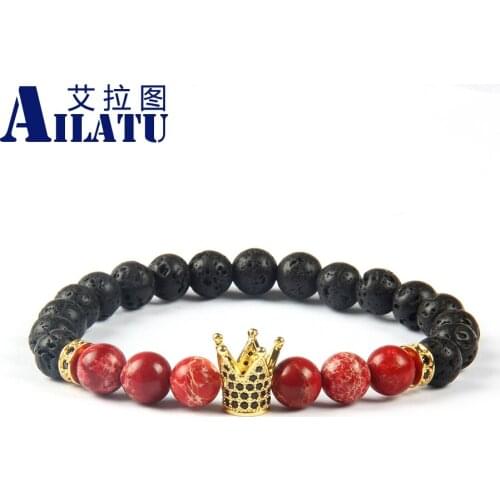 Ailatu Powerful Jewelry Wholesale Best Quality Lava Rock Stone Beads with Black Cz Spacer Crown Kings Bracelet for men and women