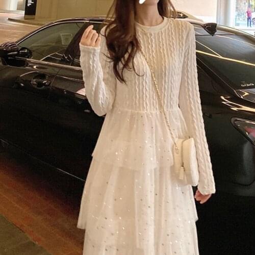 White Knitted Women Dress Elegant Ruffled Sequins Splicing Vestido Spring Autumn New Lady Club Party Long Sleeve Maxi Femme Robe