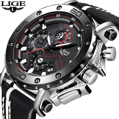 LIGE Fashion Mens WristWatches Top Brand Luxury Big Dial Military Quartz Watch Leather Waterproof Sports Chronograph Watch Male