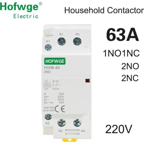 HCH8-63 Modular Contactor 2P 63A 2NO or 2NC 1NO1NC 220V Automatic Household Contactor Din Rail Type