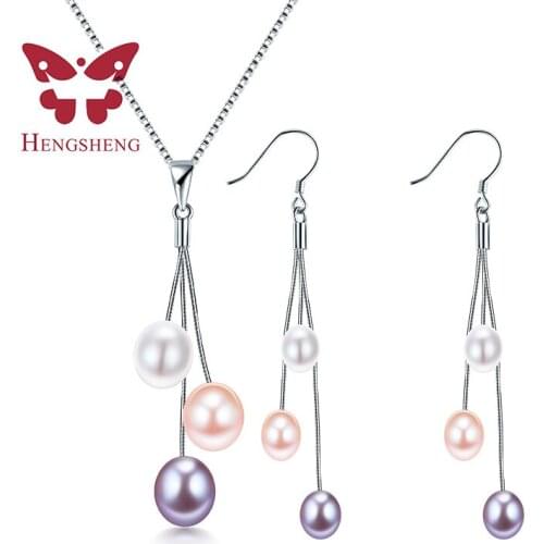 HENGSHENG Three color pear necklace earring line, fine 925 sterling silver tassel jewelry set romantic necklace earring women