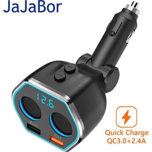 JaJaBor Car Cigarette Lighter Socket with Two Port Power Adapter Dual USB 2.4A +QC3.0 Quick Charge Car Charger with LED Display