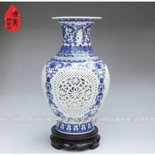Ceramics blue and white cutout bottle double layer cutout sculpture vase blue and white porcelain fish tail bottle
