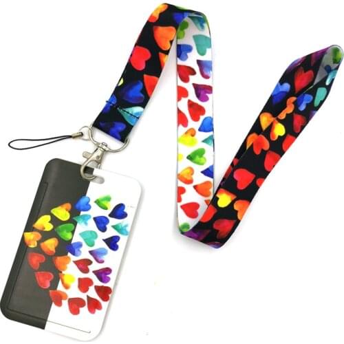 Colorful rainbow love hearts Lanyard Credit Card ID Holder Bag Student Women Travel Cover Badge Car Keychain Gifts Accessories