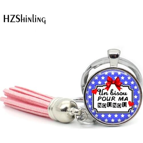 TAK--114 Wholesale Un lisou Pour Ma Nounou Tassel Keyring Handmade Super NOUNOU key ring Glass Dome Tassel Key chains for women
