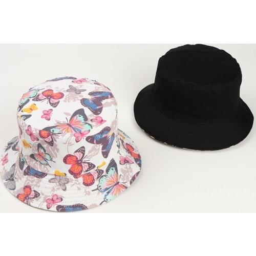 Butterfly Printing Bucket Hat Cotton Double-Sided White Panama For Girls Cartoon Hats Sunshade Fisherman Cap Fashion Style