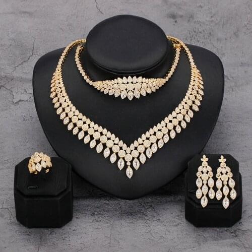 Luxury 4pcs Bridal Zirconia Full Jewelry Sets For Women Party, Luxury Dubai Nigeria CZ Crystal Wedding necklace sets