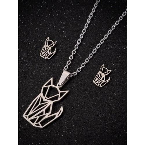 Sasusp Stainless Steel Cartoon Sketch Fox Chinese Style Origami-Fox Pendant Long Chain Necklace Women Steel Color Jewelry