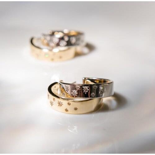 5A Cubic Zirconia CZ Star Starburst Signet Hoops Gold Color Sparking White Zirconia Chunky Thick Hoop Earring