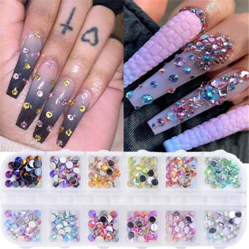 12 Grids Multi Size Glass Nail Rhinestones Mixed Colors Flat-back AB Crystal Strass 3D Charm Gems DIY Nail Art Decorations