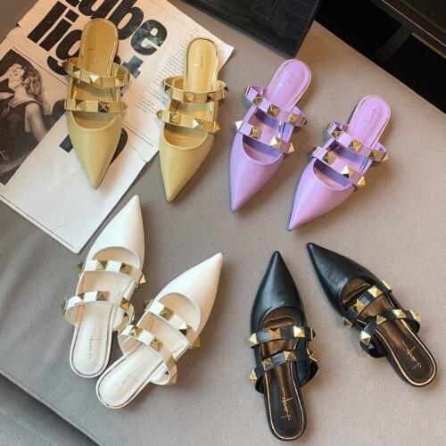 2021 Spring and Summer New Pointed Rivets One-Strap Flat Shoes White Mules Shoes