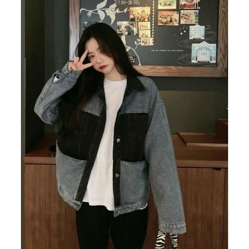 Vintage Jacket Women 2021 Autumn New Patchwork High Street Harajuku Style Denim Coats Long Sleeve Big Pockets Student Outerwear