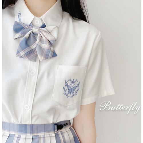 Japanese JK Uniform Short Sleeve Shirt Female Basic Blue Butterfly Embroidered Student Summer Shirt