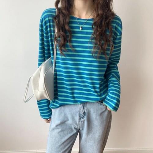 New Korean Style Basic Stripe Long Sleeve Women T-shirts Autumn Casual O-neck Loose Femme Tops Streetwear Woman Tshirts