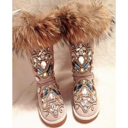 Winter Woman Warm Fox Hair Totem Rhinestone Snow Boots Female Slip-on Shoes Knee High Boots Girls Fox Fur Bling Crystal Boots