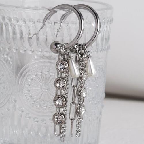 AENSOA Fashion 2021 Silver Color Crystal Pearl Pendant Tassel Long Earrings Punk Cool Round Geometric Earrings Trend Jewelry