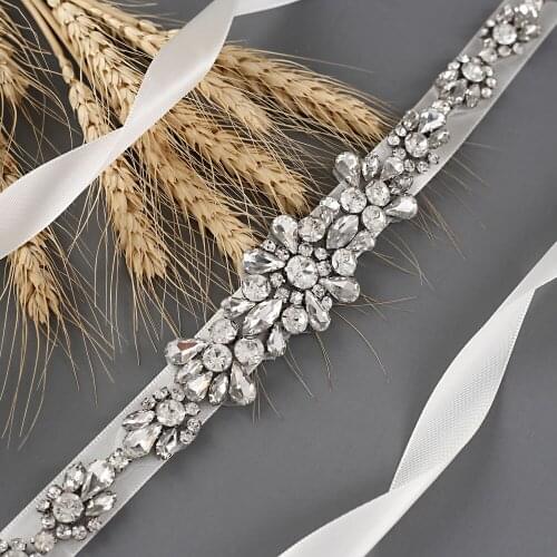 ZMS392 Silver Rhinestone Belt Bridal Dress with Crystal Sash for Dresses Luxury Clear Diamond Applique Belt with Rhinestones
