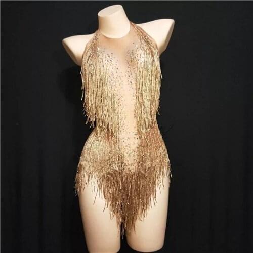 Gold Tassel Crystal Tights Sexy Female Costume Singer Dancer Nightclub Bar Jazz Show Stage DJ Performance Leotard Party Bodysuit