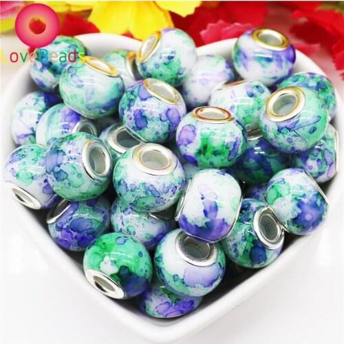 10Pcs Nature Stone Color Stripe Flower Larg Hole Round Loose Glass Beads Fit Pandora Bracelet Snake Chain Pendants Women Jewelry
