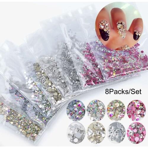 8 Packs Nail Crystal White AB Rhinestone Gold Silver Base Glass SS3-SS20 Flat-back 3D Charm Gems DIY Nail Art Deco 1440Pcs/Pack