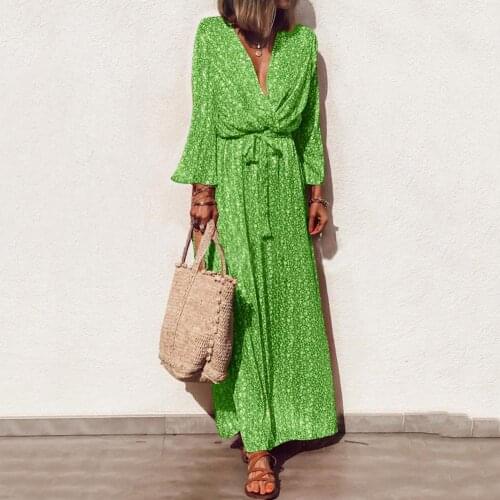 80% Hot Sales!!Plus Size Women Bohemian Flower Print Deep V Long Sleeve Bandage Maxi Dress