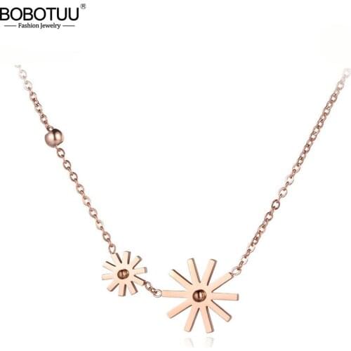 BOBOTUU Cute Titanium Stainless Steel Double Daisies Choker Necklaces Jewelry Lovely Pendant Chain Necklace For Girls BN19065