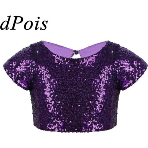Children Shiny Glitter Short Dance Crop Tops Kids Girls Ballroom T-Shirts Dance Wear Dancing Tanks Top Modern Show Stage Clothes