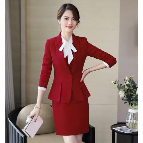 Elegant Red Formal Women Business Suits Work Wear With Skirt and Blazers & Jackets Ladies Office Sets Long Sleeve Spring Autumn