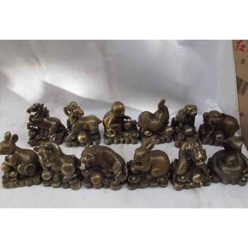 Chinese folk Classical Copper Bronze Fengshui twelve zodiac animals Statue Set