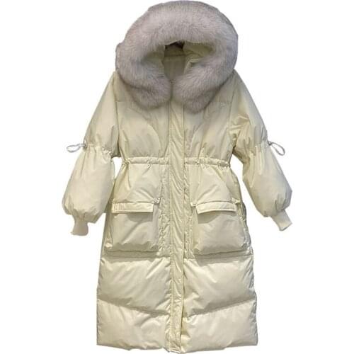 Large Real Fur Collar Long Down Jacket Women Winter White Duck Down Parka Warm Loose Thickness Ultralight Overcoat