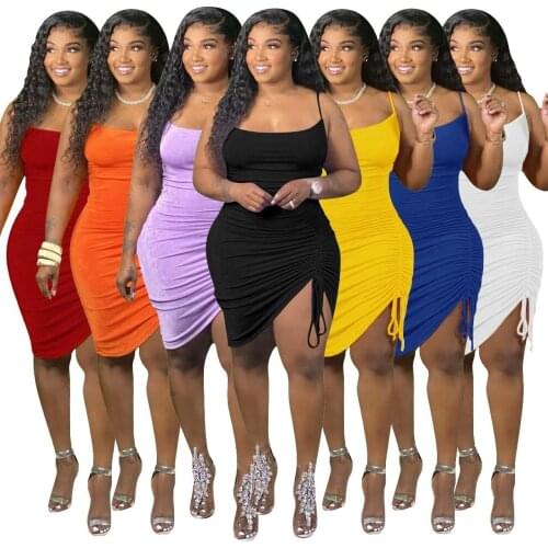 INS Hottest Women Summer Sexy Spaghetti Strap Clubwear Dress Plus Size Sleeveless Shirring Lace-up Bodycon Charming Mini Dresses